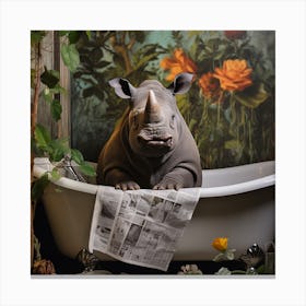 Rhino In The Bath Reading A Newspaper Canvas Print