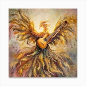 Phoenix awater color paint An exquisite, abstract rendition of soulful strumming, where the guitar is metaphorically replaced by a soaring, ethereal phoenix. The bird's vibrant feathers cascade like strings, emanating a warm, golden glow. As it strums its own divine melody, the phoenix embodies the spiritual essence of music, transcending physicality and resonating with the deepest chords of the soul. The background is a harmonious blend of dreamy, impressionistic hues, evoking a sense of transcendence and boundless creativity. 1 Canvas Print