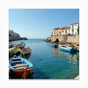 Spanish Coastal Landscape With Colorful Fishing Boats And Calm Waters Canvas Print