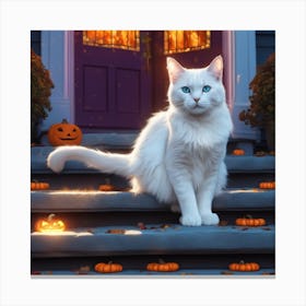 White Cat On Steps Canvas Print