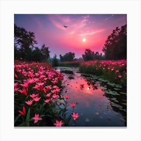 Pink Flowers On The Pond Canvas Print
