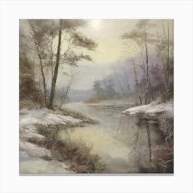 Ancient landscapes, old winter oil paintings and rocks around the lake bank. Snow is falling on the lake, old colors.5 Canvas Print