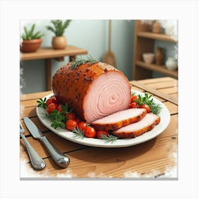 Watercolor Painting Of A Classic And Savory Roast Pork Loin On A Cozy Kitchen Table Canvas Print