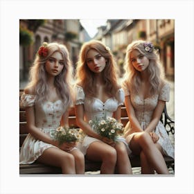 Three Girls Sitting On A Bench 1 Canvas Print