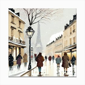 Paris cafes, winter season, Christmas, pale colors, pedestrians in the street, winter clothes, falling snow.6 Canvas Print