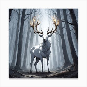 A White Stag In A Fog Forest In Minimalist Style Square Composition 75 Canvas Print