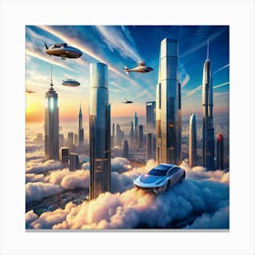 A futuristic cityscape with flying cars and buildings soaring above the clouds. Canvas Print