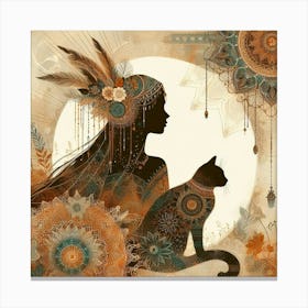 Boho art Silhouette of woman with cat Canvas Print