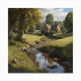 Cottage By The Stream Canvas Print