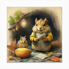 Squirrels Reading A Book Canvas Print