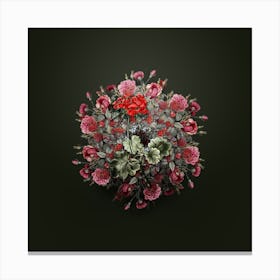 Vintage Scarlet Geranium Flower Wreath on Olive Green n.2666 Canvas Print