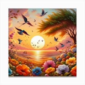 Sunset With Birds And Flowers Canvas Print