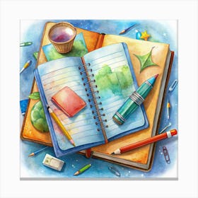 Watercolor Illustration Of Open Notebook With Stationery Canvas Print