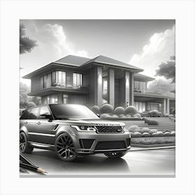 A Pencil Drawing Of A Rangerover Sport In Front Of A Beautiful Modern Mansion 3 Leinwandbild