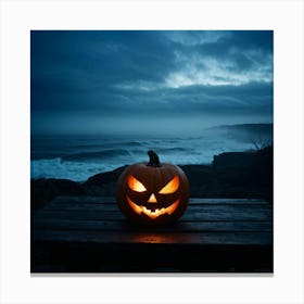 Jack O Lantern With A Glaring Eye Atop A Wooden Table On A Skittish Misty Coastline During Dusk S (7) Canvas Print