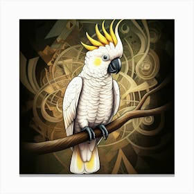 Illustration Of A Cockatoo With A Yellow Crest On A Branch Against An Abstract, Patterned Background Canvas Print