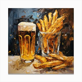 One Beer And French Fries Badge Hand Drawn Oil 0d Canvas Print