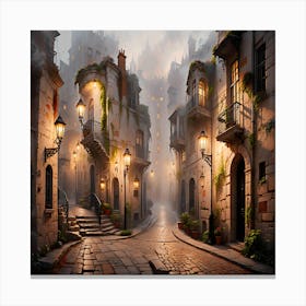 Dreamy Evening Walk: Illuminated Historical European Alley in Fog, City At Night Canvas Print