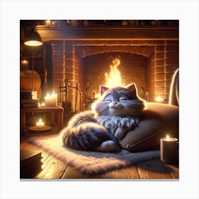 Cat In Front Of Fireplace Canvas Print