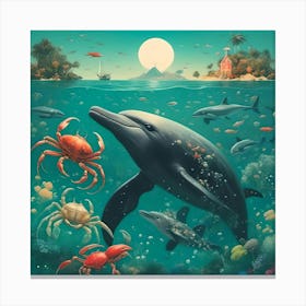 Dolphins And Crabs Canvas Print