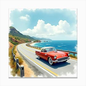 Classic Car On A Beautiful Coastal Highway, Watercolor Painting 1 Canvas Print