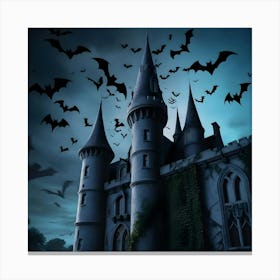 A Foreboding American Gothic Style Castle Stands Tall Amidst An Eerie, Moonless Night, Its Turrets And Spires Silhouetted Against A Dark, Gradient Blue Sky, With A Flurry Of Bats Taking Flight Around The Structure Canvas Print