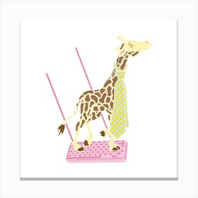 Giraffe Wearing A Tie Swinging On A Pink Wafer, Fun Circus Animal, Cake, Biscuit, Sweet Treat Print, Square Canvas Print