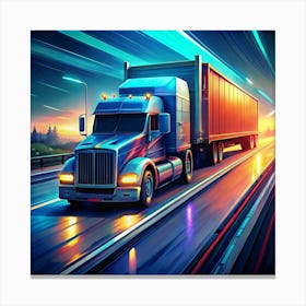 Semi Truck Driving On A Highway At Night Canvas Print