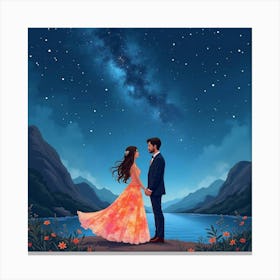 Elegant Couple In Watercolor Attire, Romantic Starlit Night 1 Canvas Print