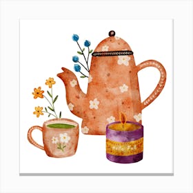 Watercolor Teapot And Candle with cottagecore vibe Canvas Print