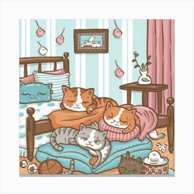 Catnap Chronicles Print Art - A Comical Portrayal Of Cats Attending A Sleepover, Complete With Pajamas, Sleeping Bags Canvas Print