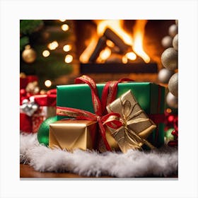 Christmas Presents In Front Of Fireplace 17 Canvas Print