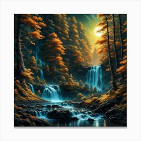 Nighttime Forest And Waterfall Canvas Print