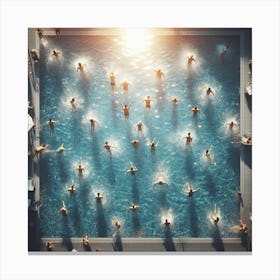 People Swimming In A Pool - A group of people swimming in a pool, with the sun shining down on them and the water sparkling. The scene is captured from a bird's-eye view, giving the viewer a sense of scale and perspective. Canvas Print