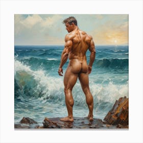 Naked Muscular Man Standing On Rocks, Vincent Van Gogh Style Canvas Print