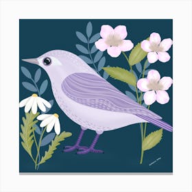 Folk Art Lilac Bird With Flowers Square Canvas Print