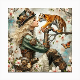 Steampunk Girl With Tiger 3 Canvas Print