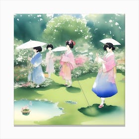 Asian Girls In Kimono Canvas Print