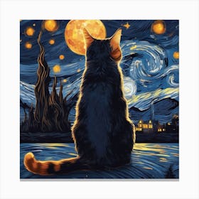 van goth starry night with cat Canvas Print