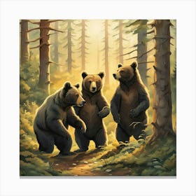 Morning In Forest 3 Small Bears Canvas Print