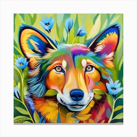 Animals Wall Art : Wolf With Blue Flowers Canvas Print