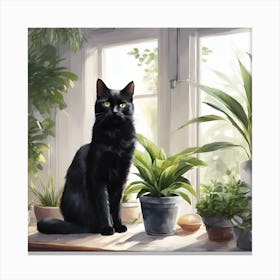 Black Cat On Window Sill Canvas Print