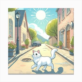 White Cat On The Street Canvas Print