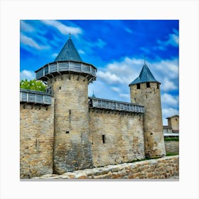 Medieval Castle Wall in Carcassonne Cite Medieval. The image showcases a section of a medieval castle wall, featuring two imposing stone towers with conical roofs. The towers are connected by a thick stone wall, topped with a wooden walkway. The wall is constructed from rough-hewn stones, giving it a rugged and ancient appearance. The towers have narrow windows and are topped with wooden structures, suggesting they were once used for defense. Canvas Print