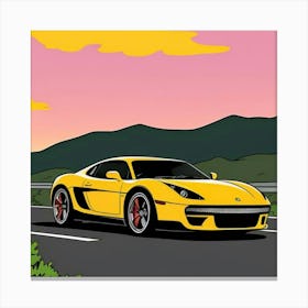 Iconic Striped Racer in Detailed Front View Yellow Sports Car Canvas Print