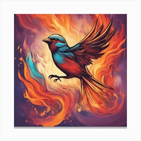 An Artistic Representation Of A Sparrow Rising From The Ashes, Surrounded By Flames And Vibrant Colo Canvas Print