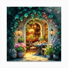 Quiet and attractive dining nook, overgrown flowers, high quality, detailed, highly 3D, elegant carved cart, 17 Canvas Print
