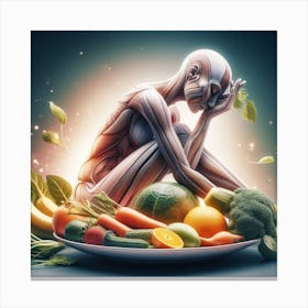 Woman Sits On A Plate Of Vegetables Canvas Print