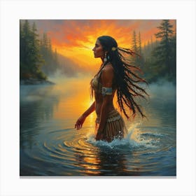 Native American Female By A Lake Panel 1 Oil On Canvas Canvas Print