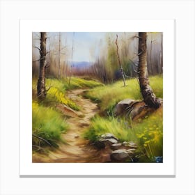 Path In The Woods.A dirt footpath in the forest. Spring season. Wild grasses on both ends of the path. Scattered rocks. Oil colors.4 Canvas Print